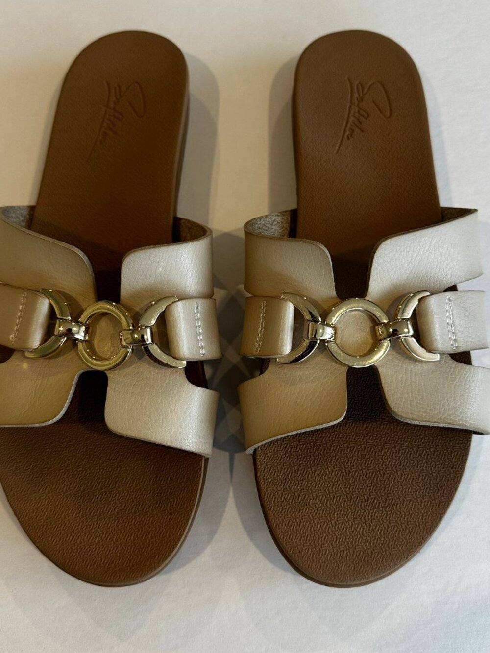 Splife Beige Double Strap Gold Hardware Slide Sandals Size 9